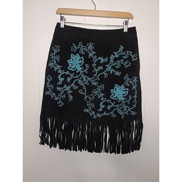 Vintage Western Rodeo Fringe Black Blue Leather Embroidered Skirt Size 10 - Picture 6 of 10